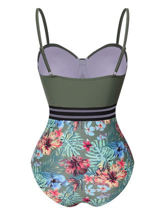 Grün 1970er Tropisch Patchwork Gurt Badeanzug