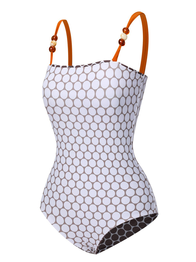 Braun 1930er Perlenbänder Polka Dots Reversibel Badeanzug