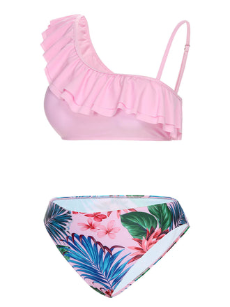 Rosa 1960er Tropische Pflanzen Rüschen Badeanzug