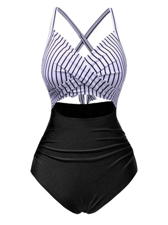Schwarz 1940er Streifen Patchwork Hohl Einteiliger Badeanzug