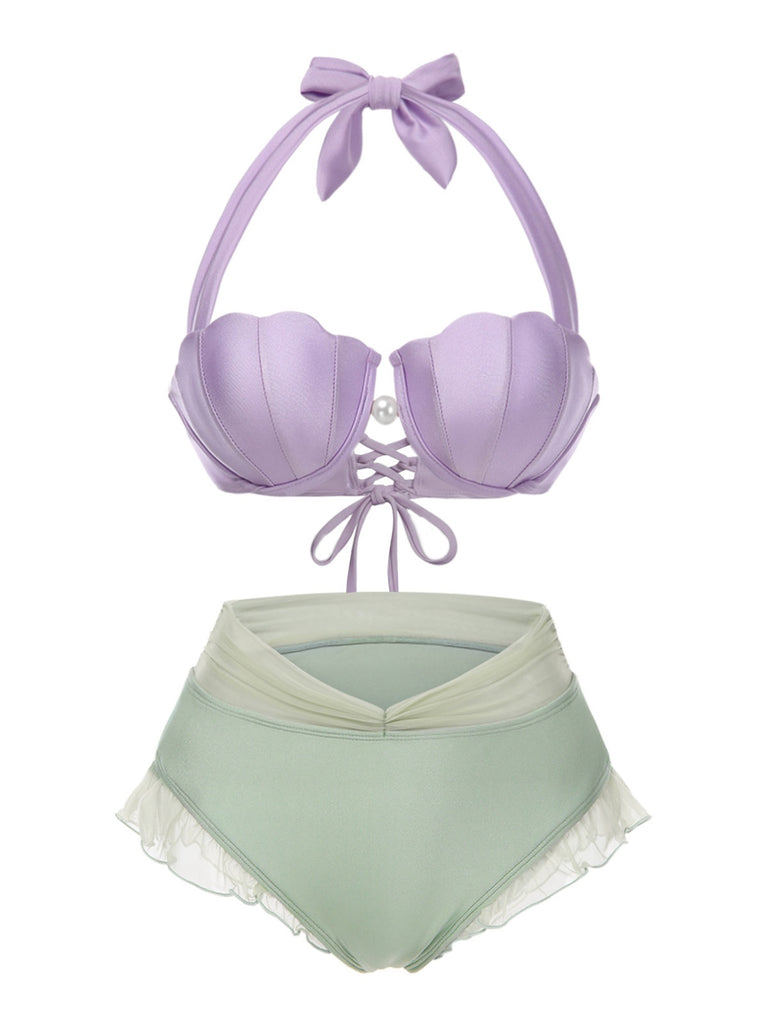 Lavendel 1970er Meerjungfrau Hülse Halter Bikini Set