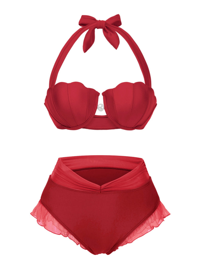 [Vorverkauf] Rot 1970er Meerjungfrau Hülse Halter Bikini Set