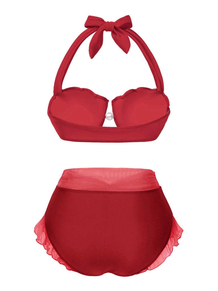 [Vorverkauf] Rot 1970er Meerjungfrau Hülse Halter Bikini Set