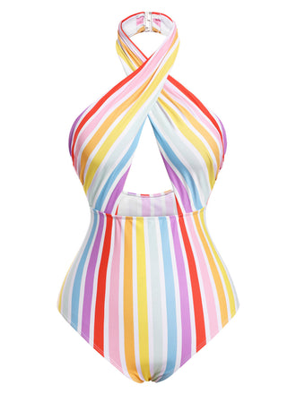Multicolor 1960er Regenbogen Streifen Halter Badeanzug