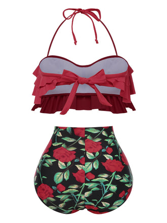 Rot 1930er Rose Rüsche Halter Badeanzug