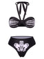 Schwarz 1970er Skeletthand Halter Bikini Set