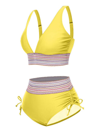 Gelb 1970er V-Ausschnitt Patchwork Hohe-Taille Bikini