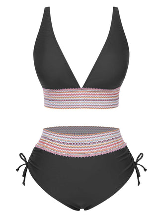 Schwarz 1970er V-Ausschnitt Patchwork Hohe-Taille Bikini