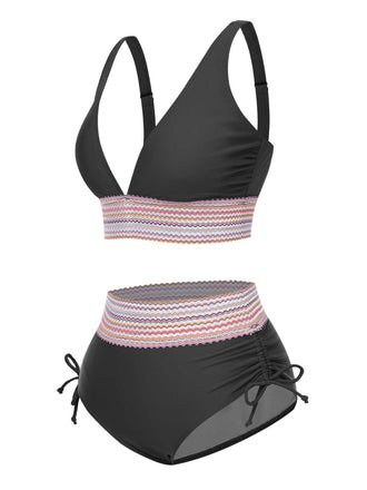 Schwarz 1970er V-Ausschnitt Patchwork Hohe-Taille Bikini