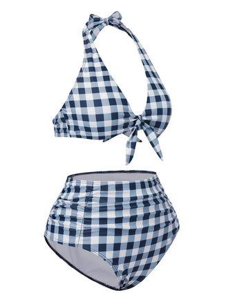 Blau 1950er Halter Hohe-Taille Plaids Badeanzug