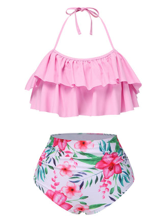 Rosa 1930er Blumen Rüschen Halter Badeanzug