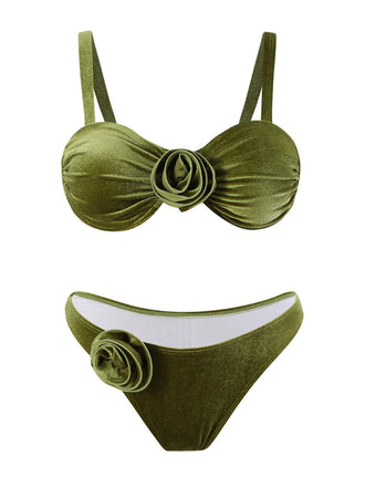 Grün 1960er Solide Samt 3D Rose Bikini Set