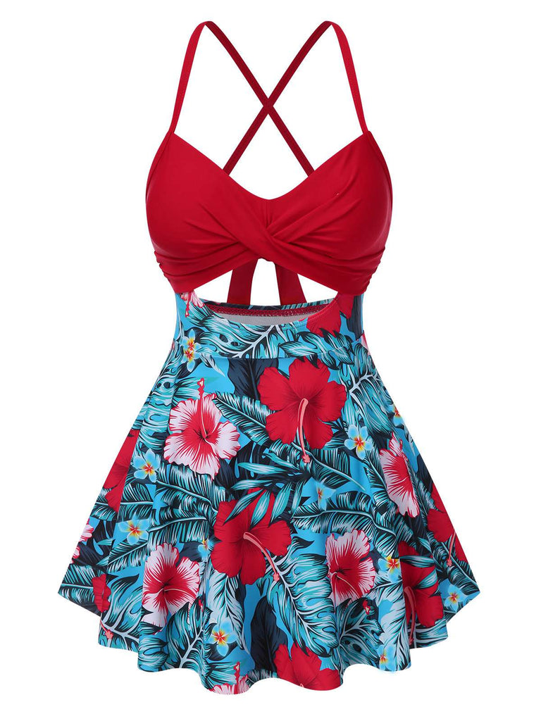 Multicolor 1940er Blumen Hohl Träger Swim Kleid
