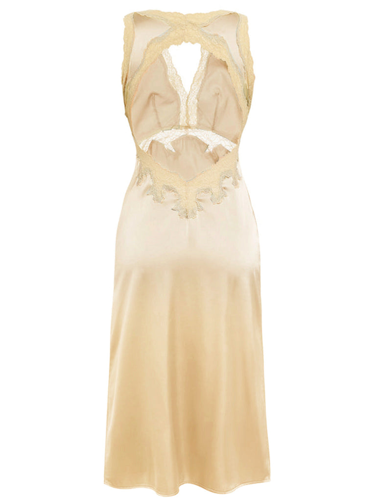 1950er Spitze Rückenfrei V-Ausschnitt Satin Nachtwäsche