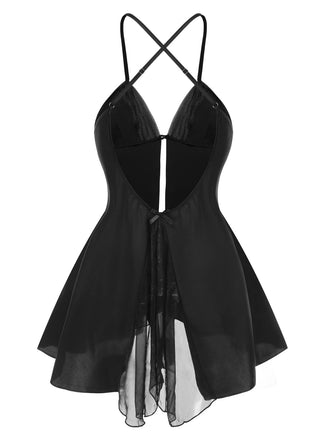 Schwarz 1950er Netz Patchwork Satin Kreuze-Träger Nachthemden