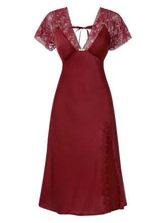 1960er Solide Spitze Satin Patchwork V-Ausschnitt Nachthemd