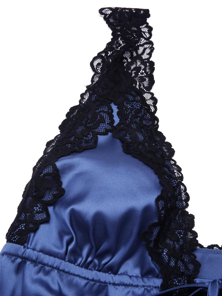 [Vorverkauf] Marineblau 1930er Satin Spitze Tief V-Ausschnitt Nachthemd