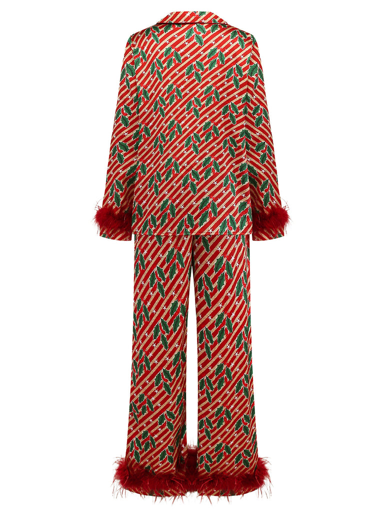 [Vorverkauf] Rot 1950er Stechpalme & Candy Streifen Feder Pajama Set