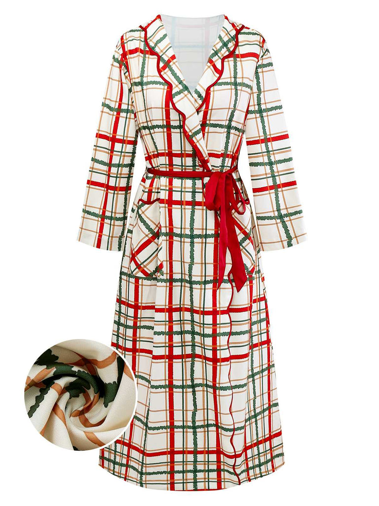 [Vorverkauf] Cremeweiß 1950er Weihnachten Plaid Blütenkragen Revers Robe