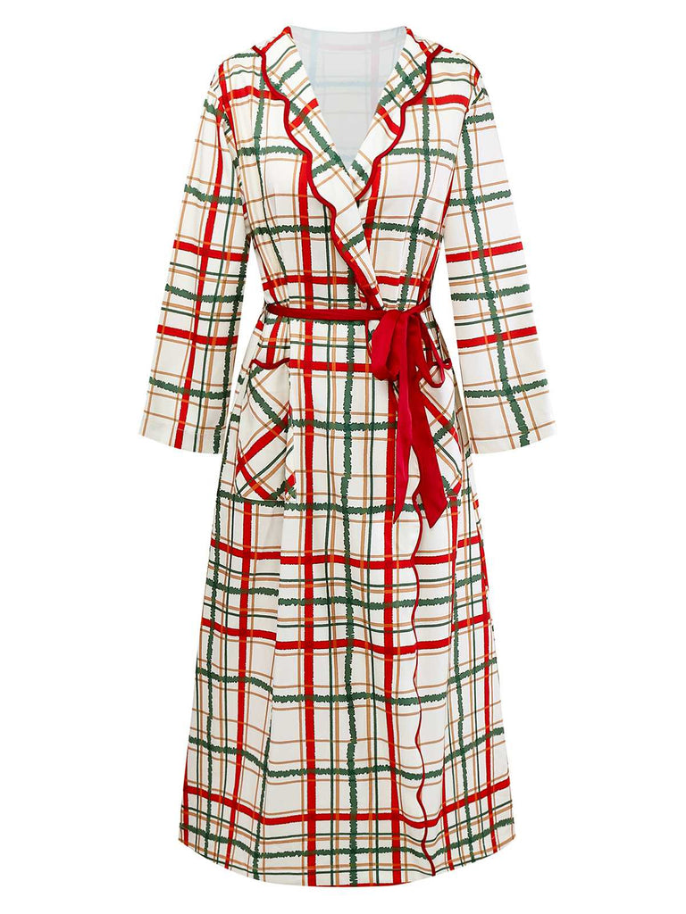 [Vorverkauf] Cremeweiß 1950er Weihnachten Plaid Blütenkragen Revers Robe