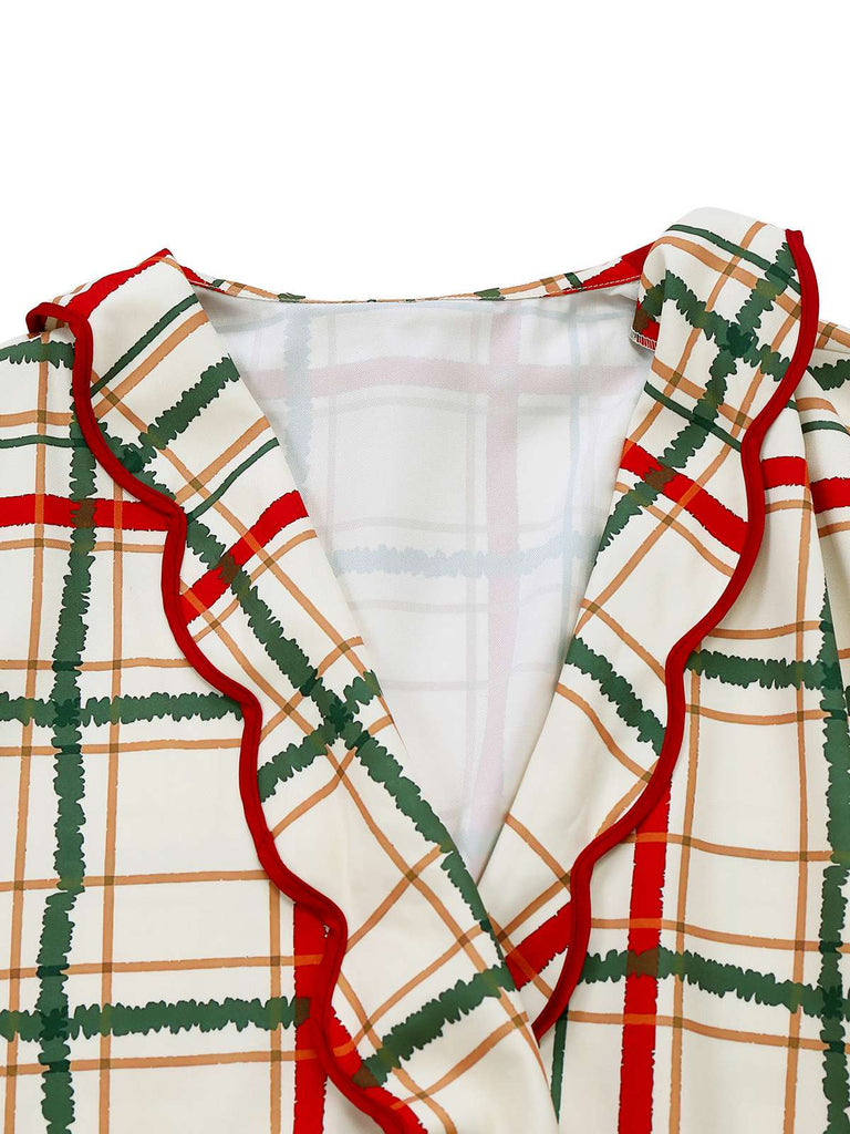 [Vorverkauf] Cremeweiß 1950er Weihnachten Plaid Blütenkragen Revers Robe