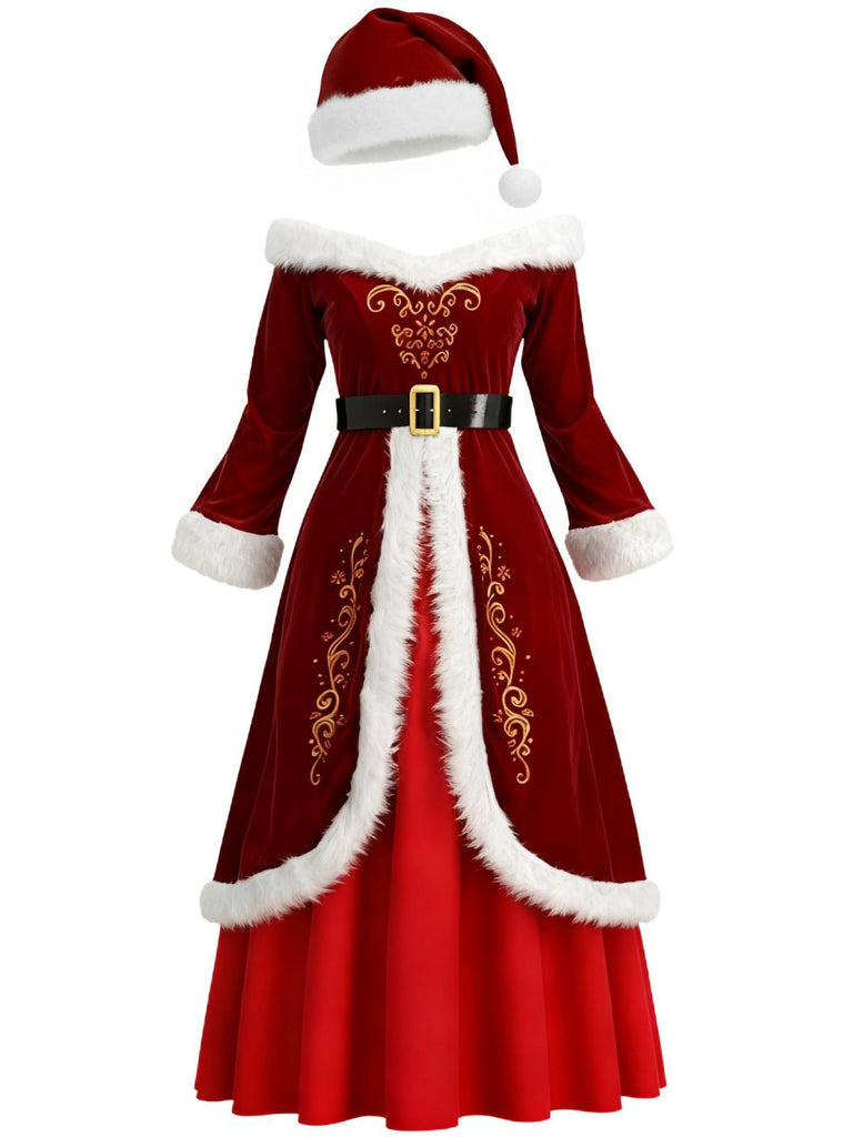 Rot 1930er Weihnachten Samt Kunstpelzbesatz Kleid