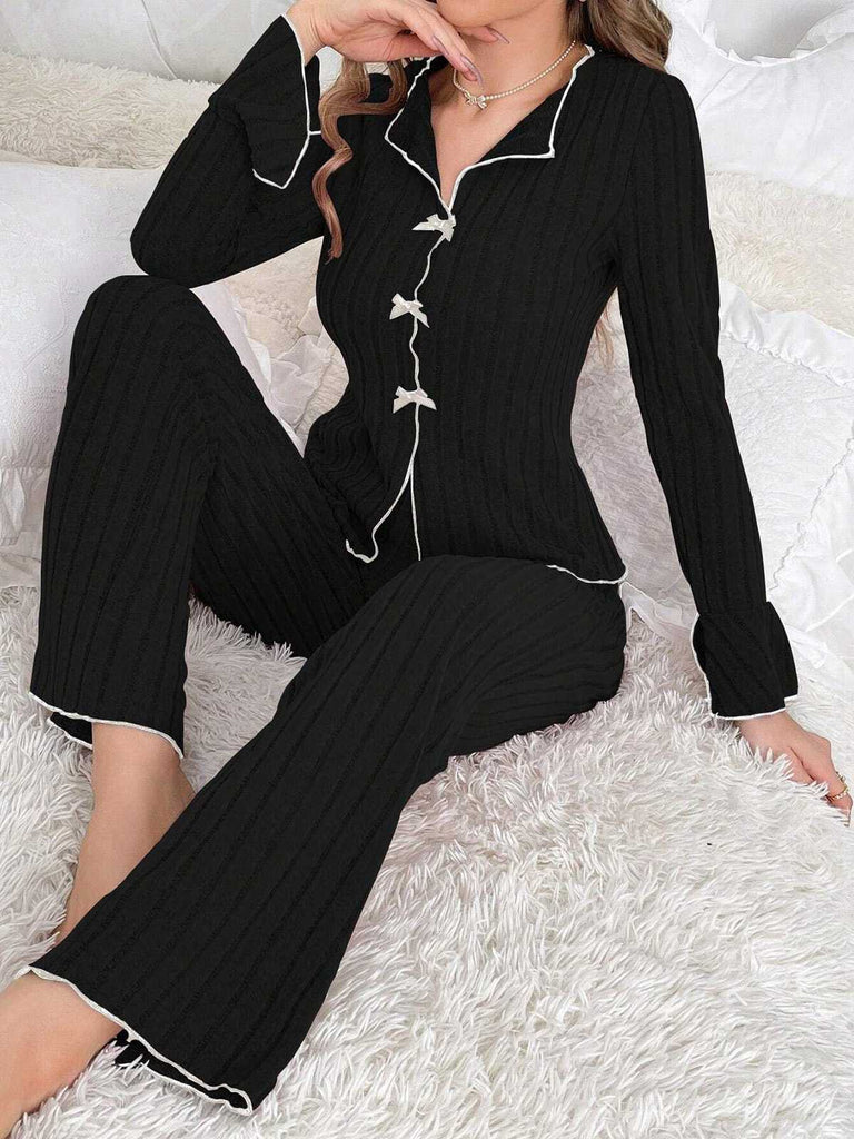 1950er Bogen Stricken Rüschen Lang Pyjama Set