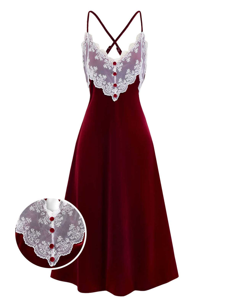 [Vorverkauf] Rot 1940er Spaghetti Träger Spitze Samt Nachthemd