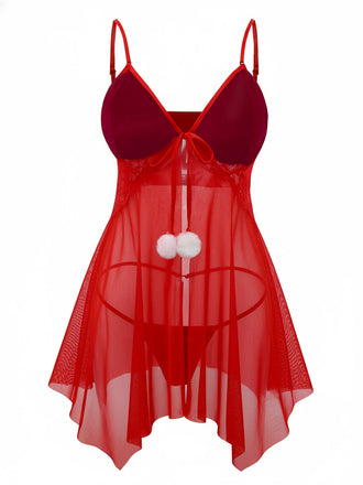 Rot 1970er Sheer Babydoll Unterwäsche Set Mit Pompon