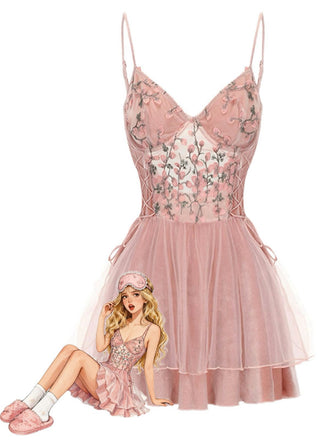 Dunkelrosa 1980er Blumen Samt Slip Nachtwäsche