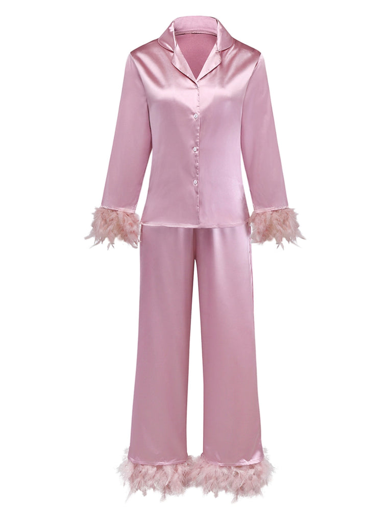 1930er Solide Federbesatz Satin Pyjama Set