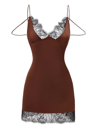 [Vorverkauf] Braun 1960er Satin Netz Patchwork Slip Nachthemd