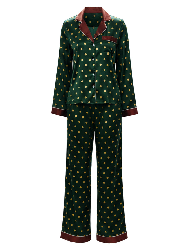 [Vorverkauf] Dunkelgrün 1970er Kontrast Polka Dots Pyjama