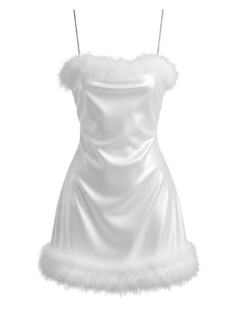 [Vorverkauf] Weiß 1970er Spaghetti Träger Fur Satin Nachthemd