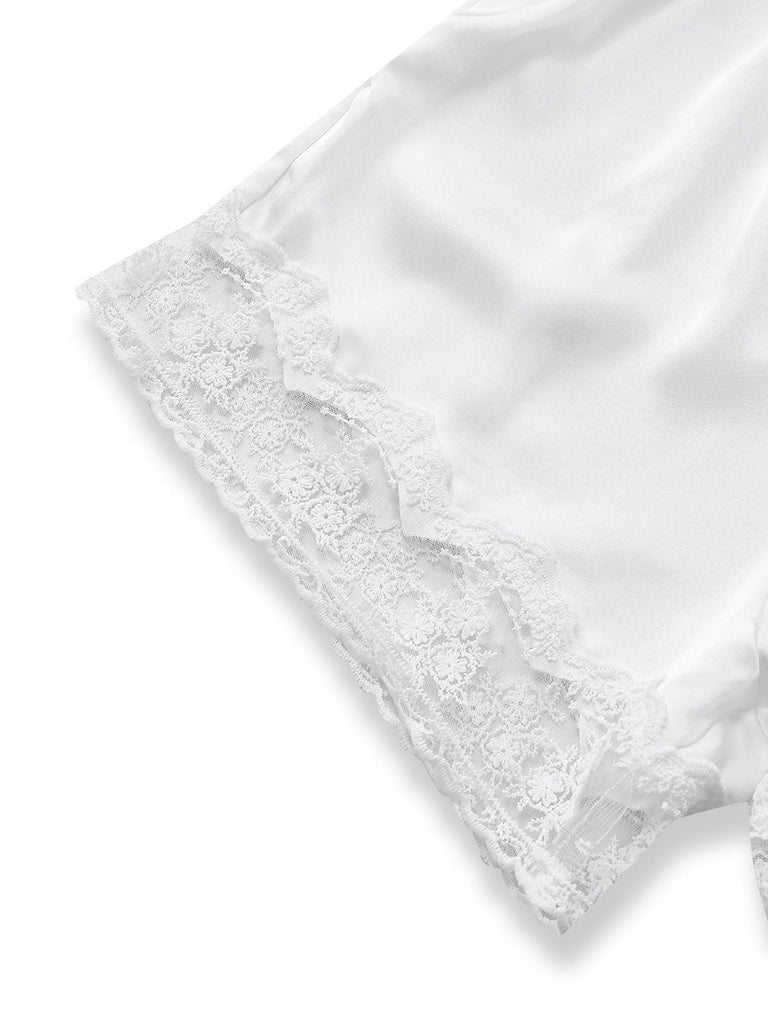 [Vorverkauf] Weiß 1960er Spitze Besatz Trägerhemd Spielanzug Pyjama