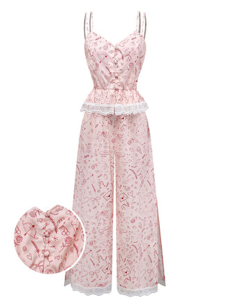 [Vorverkauf] Rosa 1970er Valentinstag Spitze Unterhemd Pajama Set