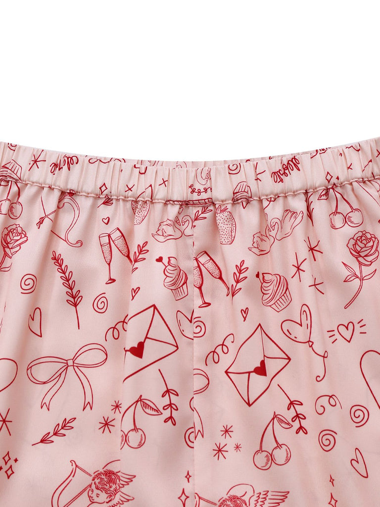 [Vorverkauf] Rosa 1970er Valentinstag Spitze Unterhemd Pajama Set
