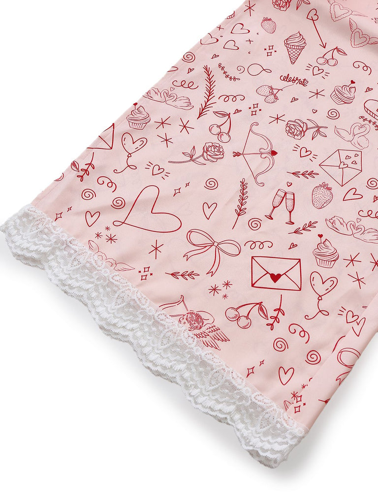 [Vorverkauf] Rosa 1970er Valentinstag Spitze Unterhemd Pajama Set