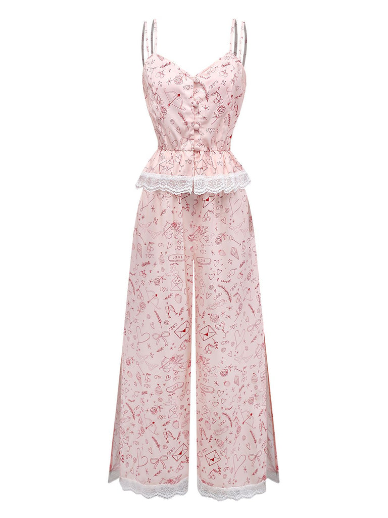 [Vorverkauf] Rosa 1970er Valentinstag Spitze Unterhemd Pajama Set