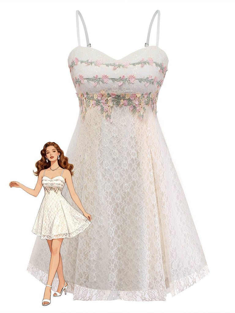 [Vorverkauf] Aprikose 1950er Blumen Besticktes Spitze Slip Nachthemd