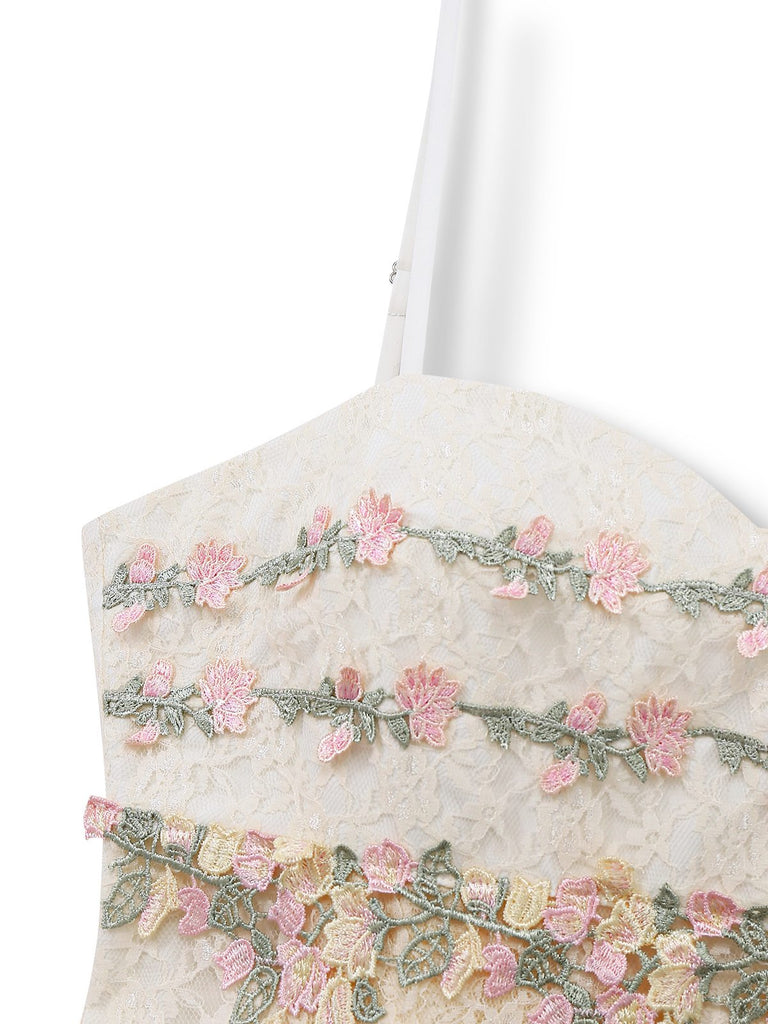 [Vorverkauf] Aprikose 1950er Blumen Besticktes Spitze Slip Nachthemd