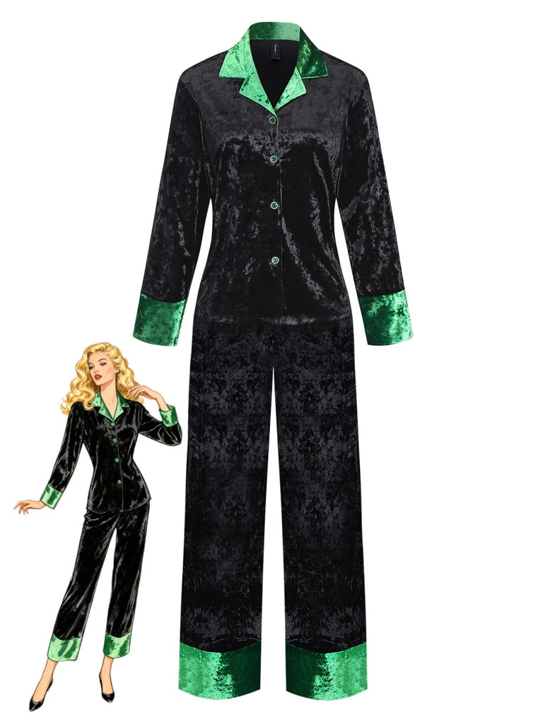 Grün & Schwarz 1960er Schimmer Samt Gekerbter Kragen Pyjama Set