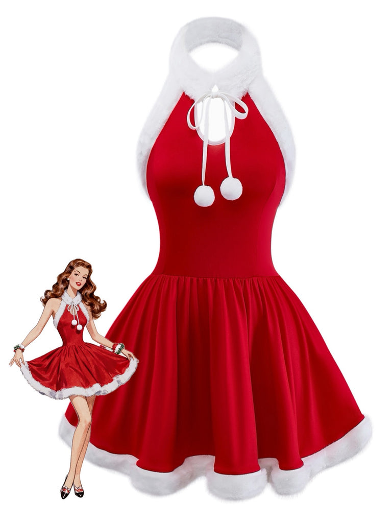 Rot 1950er Solide Plüschsaum Weihnachten Nachtwäsche