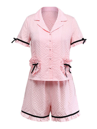 [Vorverkauf] Rosa 1950er Herz Rüschen Vichy Bogen Bänder Pyjama Set