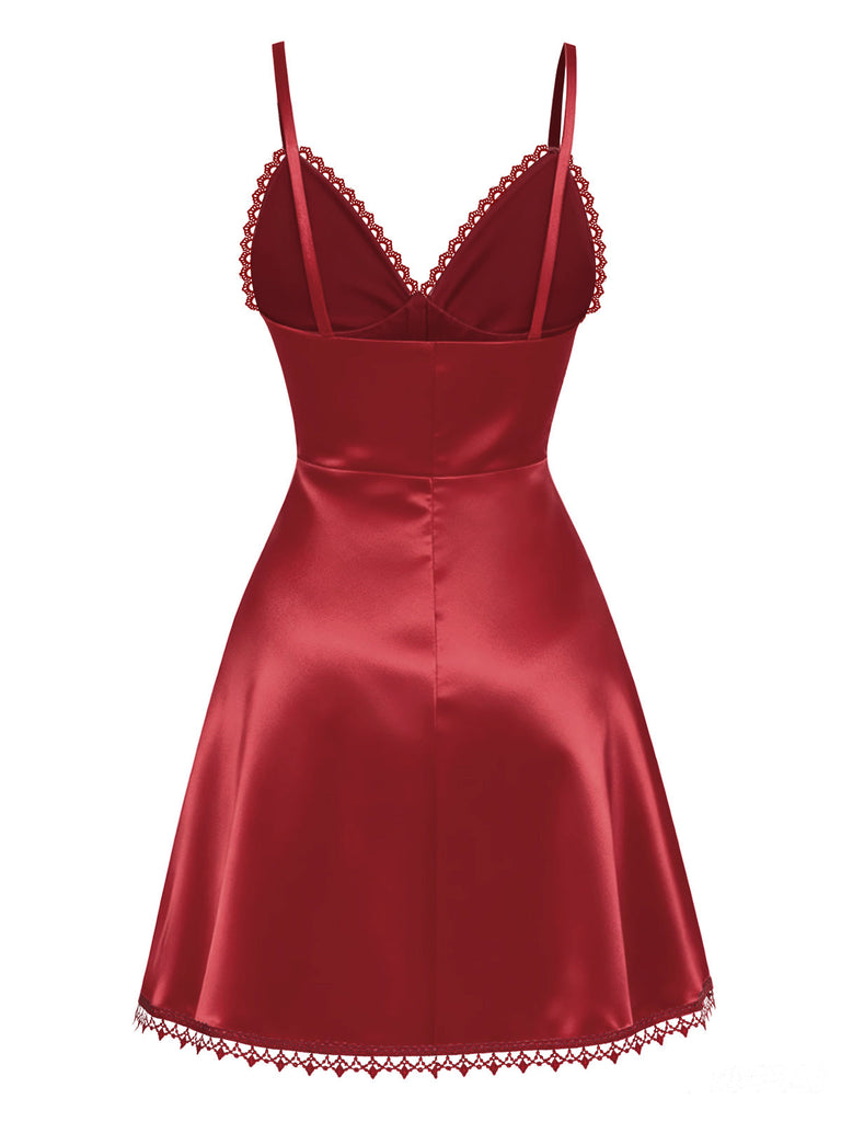 [Vorverkauf] Weinrot 1960er Spitze Perle Satin Träger Nachthemd