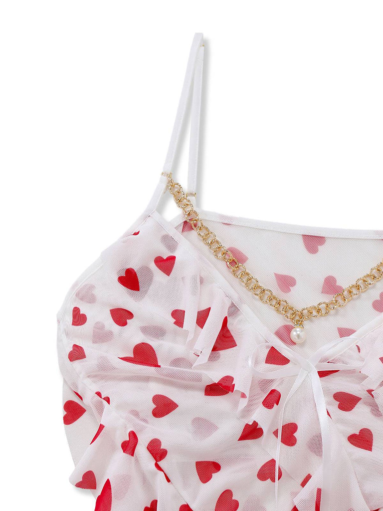 Rot 1960er Herz Rüschen Netz Slip Nachthemd