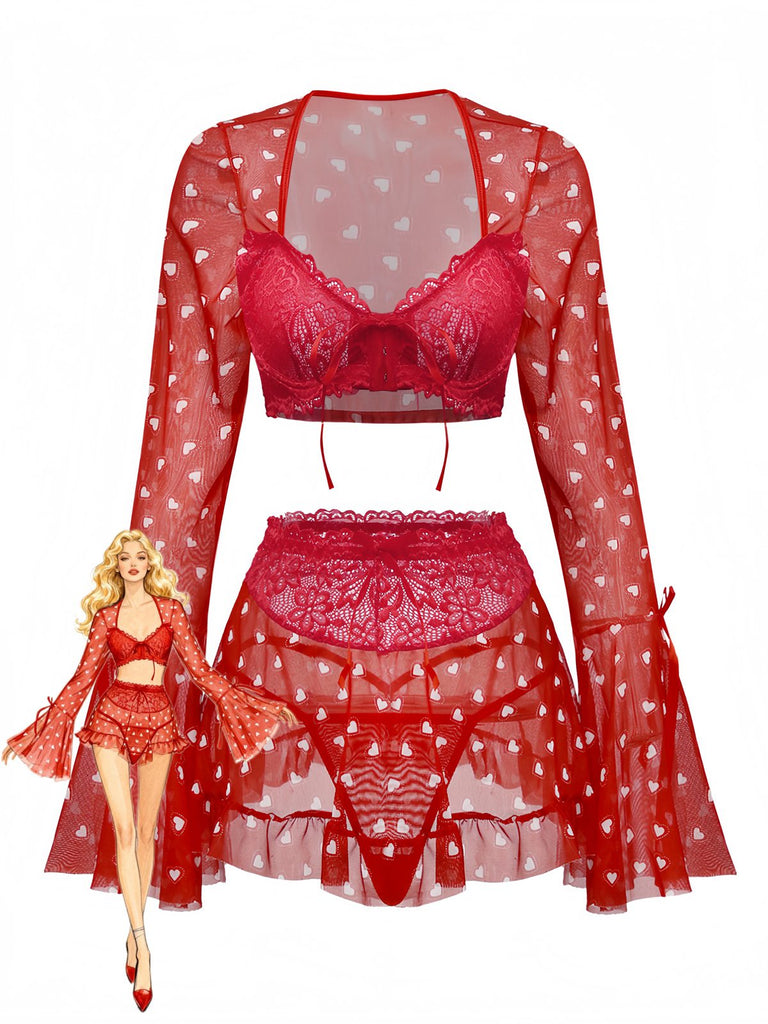 2PCS Rot 1960er Herz Bogen Rüschen Valentinstag Pyjama