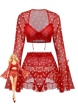 2PCS Rot 1960er Herz Bogen Rüschen Valentinstag Pyjama