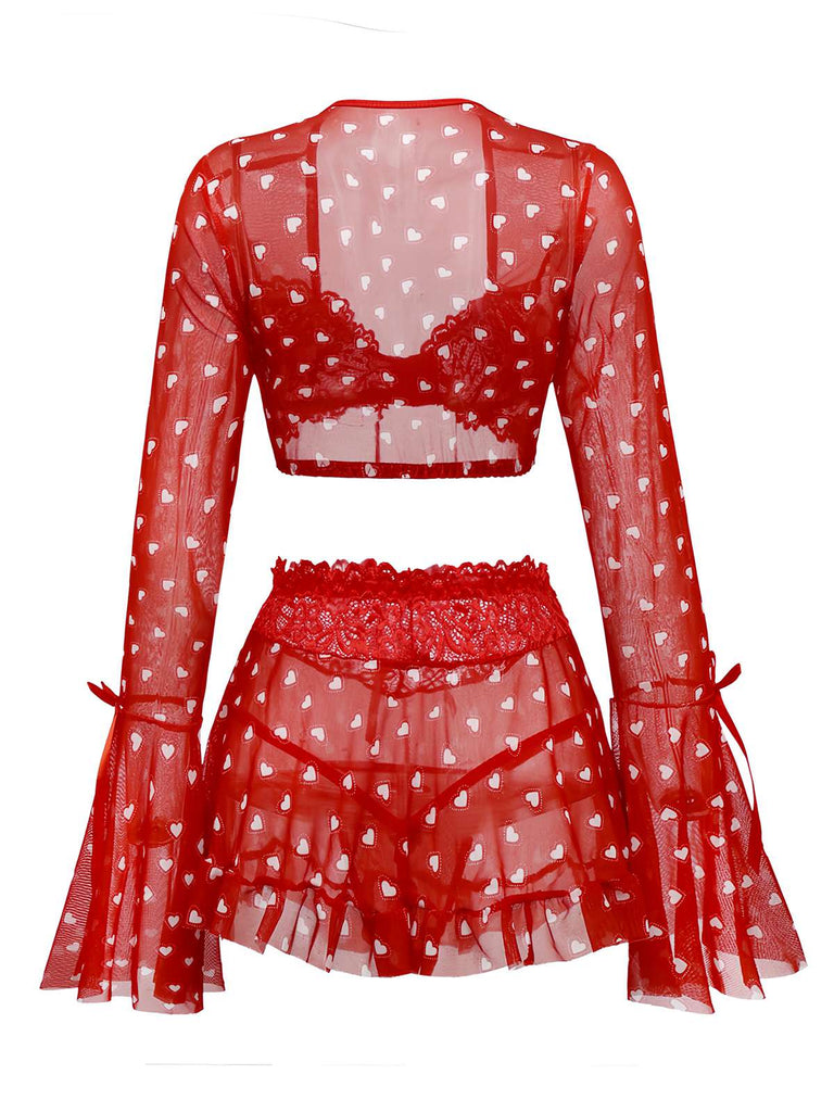 2PCS Rot 1960er Herz Bogen Rüschen Valentinstag Pyjama