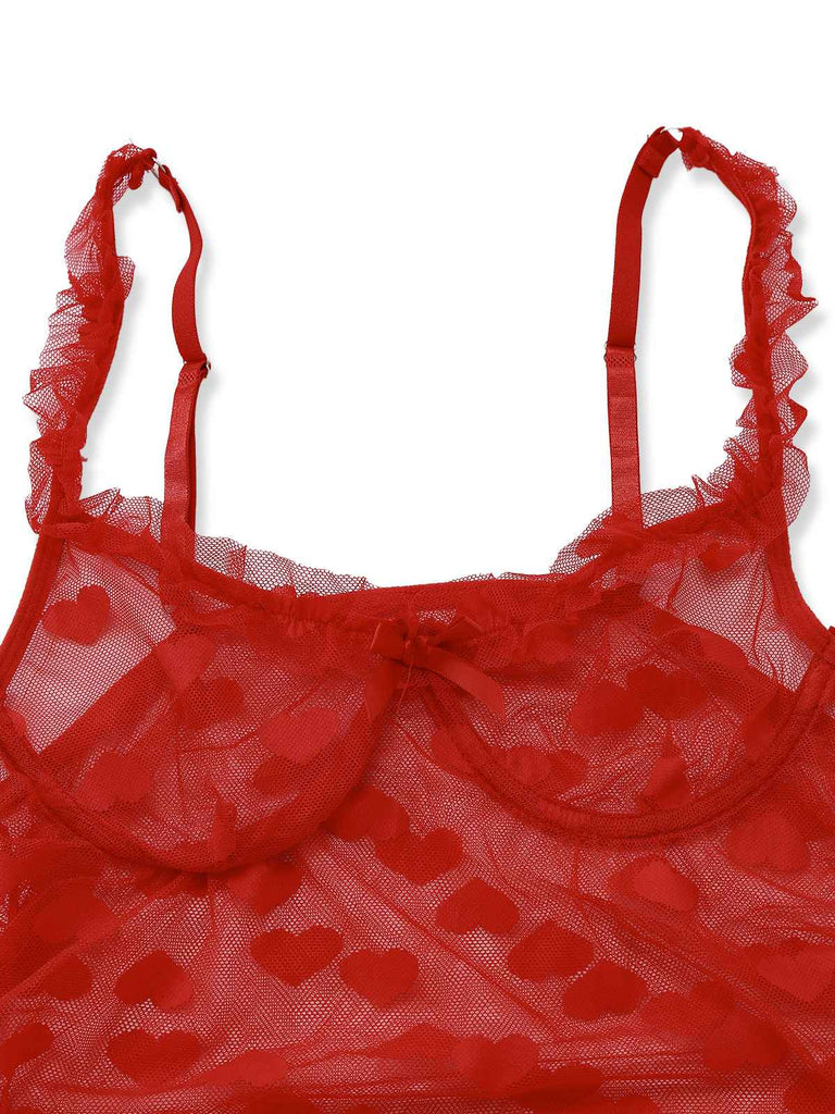 2PCS Rot 1960er Herz Bogen Rüschen Valentinstag Pyjama